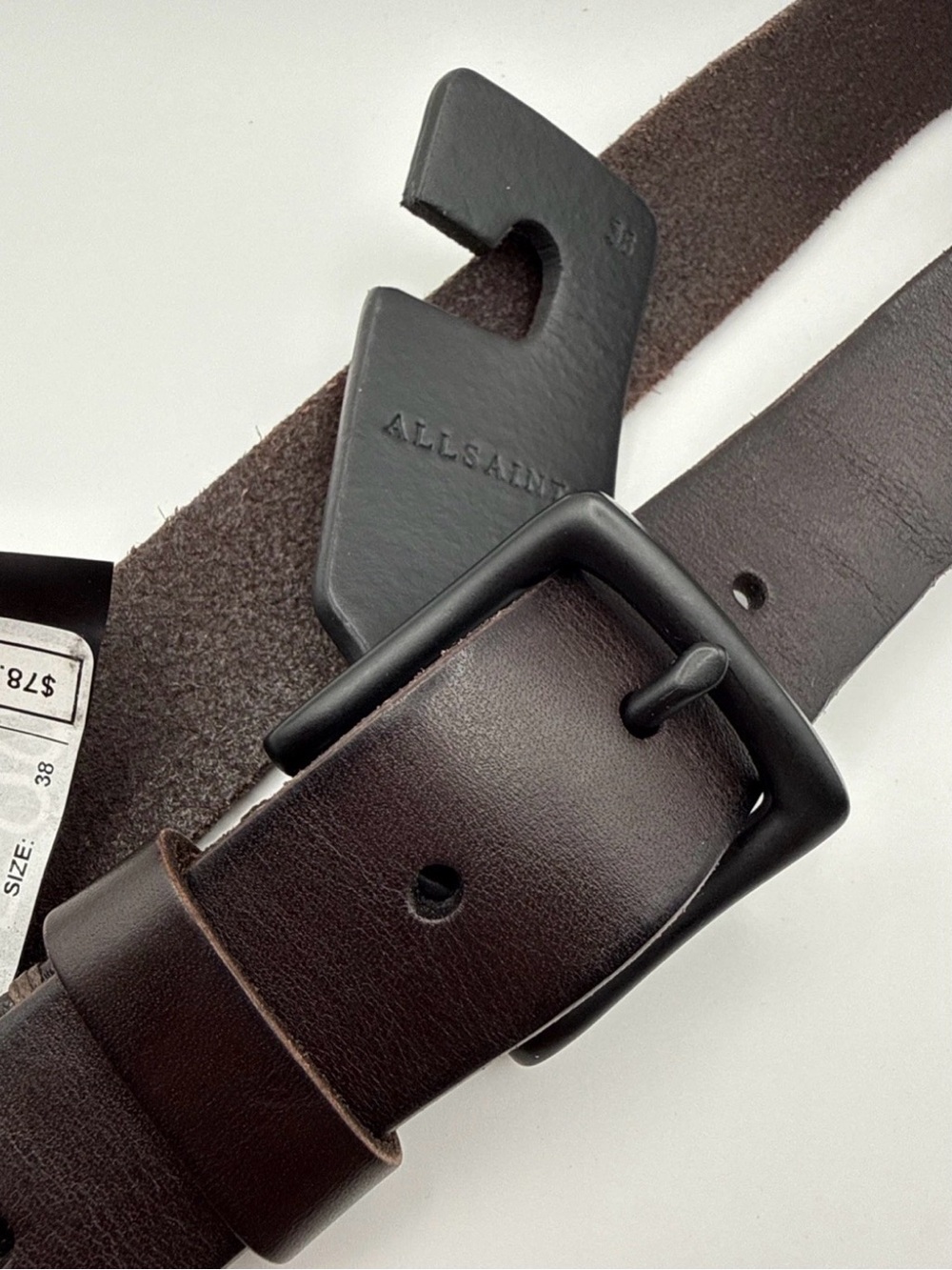 AllSaints Mens Brown Leather Belt Matte Black Buckle Ramskull AS400018 Size 38
